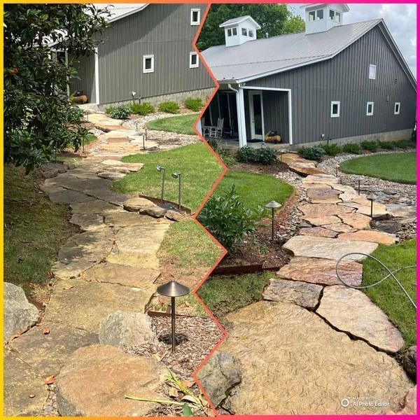 Before and after of a stone path leading to a gray building, with improved landscaping and lighting.