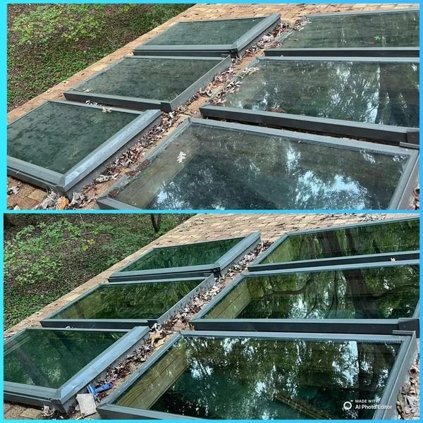 Before and after views of rectangular skylights cleaned of debris and dirt, reflecting trees.