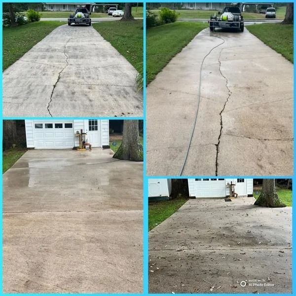 Driveway before and after pressure washing, revealing a clean concrete surface.