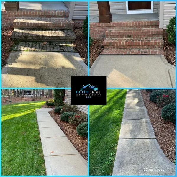 Before and after power washing shows steps and sidewalk cleaning.