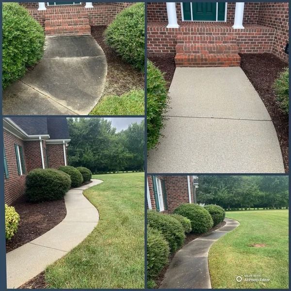 Sidewalk power washed, from dirty to clean. Shows before and after: a house's walkway.