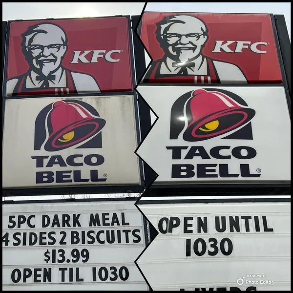 KFC and Taco Bell signs, one set faded. The signs advertise a dark meat meal for $13.99, open until 10:30.