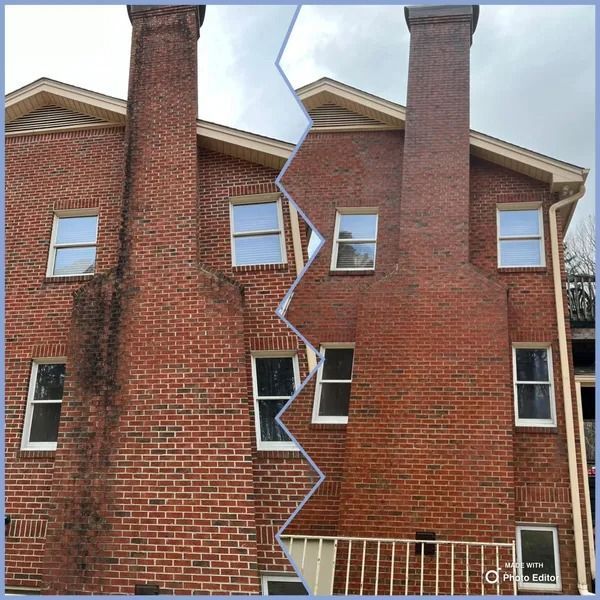 Split view of a brick house with chimney: before and after cleaning. Soot visible on one side.