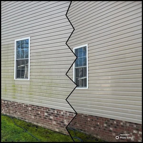 Side-by-side comparison of dirty and clean siding on a house; one side is covered in grime and moss, the other is clean.
