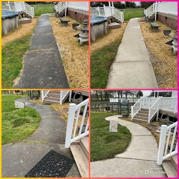 Before and after photos of a concrete walkway, showing the walkway before and after cleaning with a power washer.