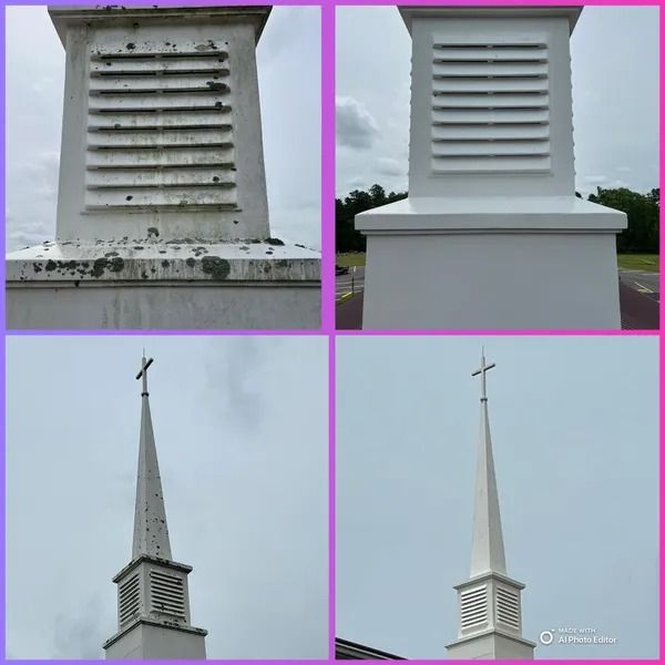Before and after photos: white church steeple cleaned, showing a stark contrast.