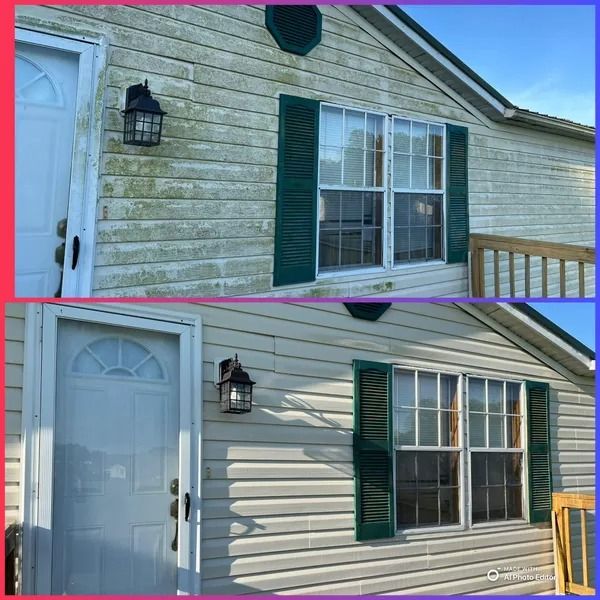 Before and after of a house, showing the siding cleaned. The top image is dirty, and the bottom image is clean.