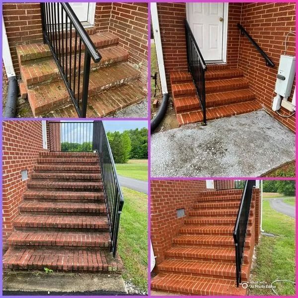 Four-panel collage of brick stairs with black railing, some dirty and some clean, leading to a door.