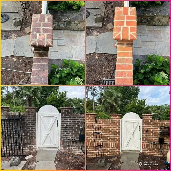 Before and after: Brick pillars and wall cleaned with pressure washer.