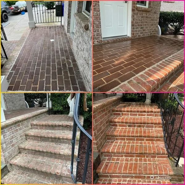 Brick entryway, steps and porch; cleaned and revitalized; red-brown bricks, white mortar.