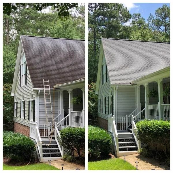 Before and after house roof cleaning: grime-covered roof transforms to clean, gray shingles.