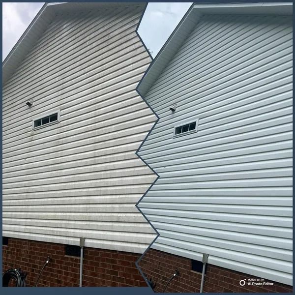 Side-by-side comparison: dirty vs. clean white vinyl siding on a house.