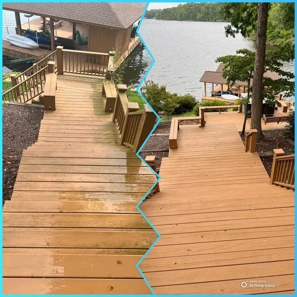 Before and after of a wooden dock leading to a lake. The left side is wet and dark, the right side clean and light.