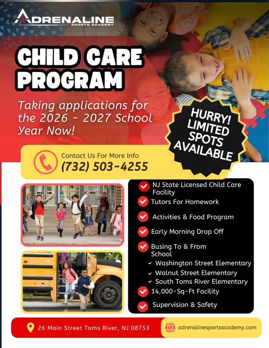 Child care program flyer for 2026–2027 school year, with photos and contact number (732) 503-4255.