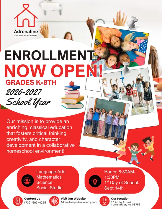 Enrollment poster for 2026–2027 school year, grades K-8, with student photos and red-white design.