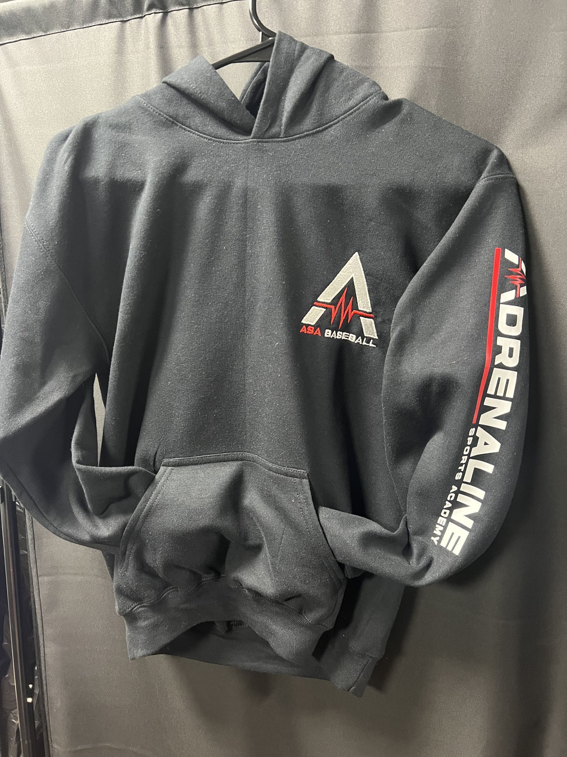 Gray hoodie with ADBENNIS logo on the chest and sleeve, hanging on display