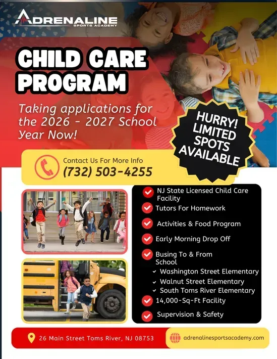 Child care program flyer with yellow background, kids playing, and contact info for 2026–2027 school year