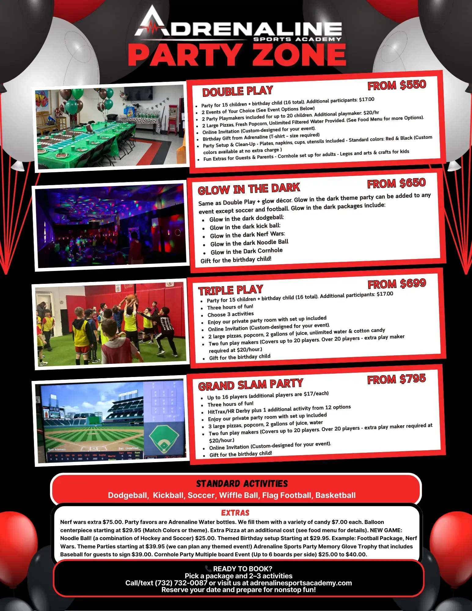 Adrenaline Party Zone flyer with four neon laser tag and glow-themed activity packages and prices