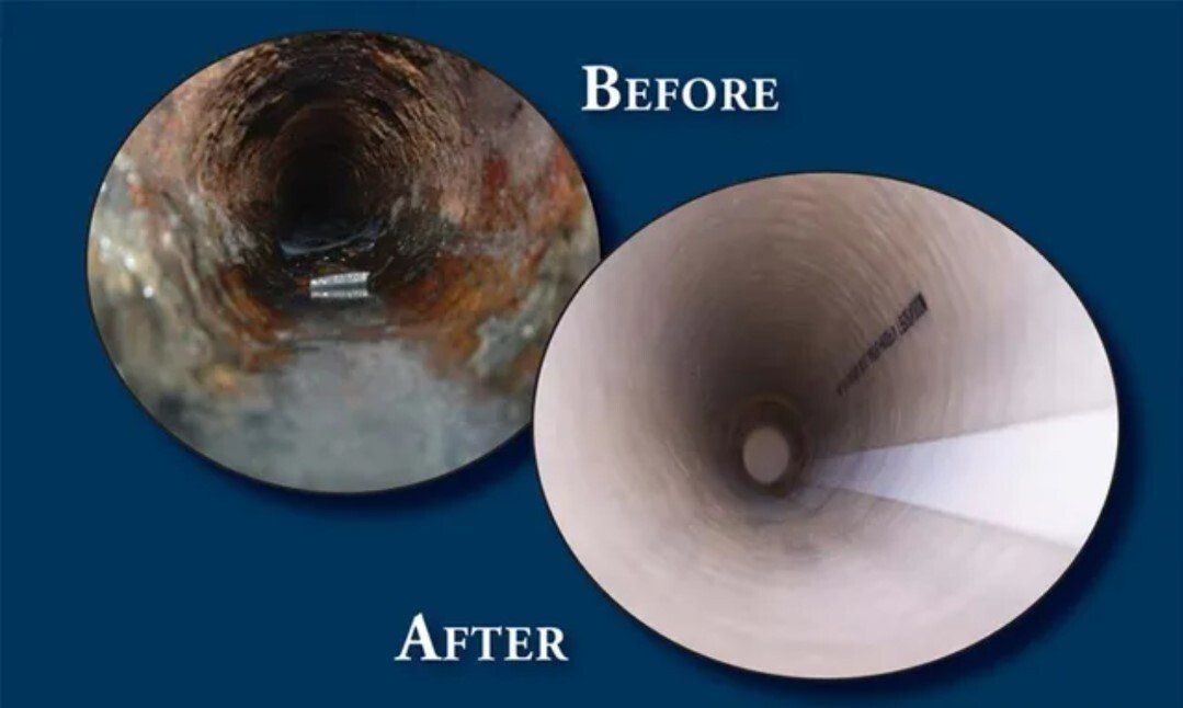 Before and after of a pipeline fixed using pipe lining