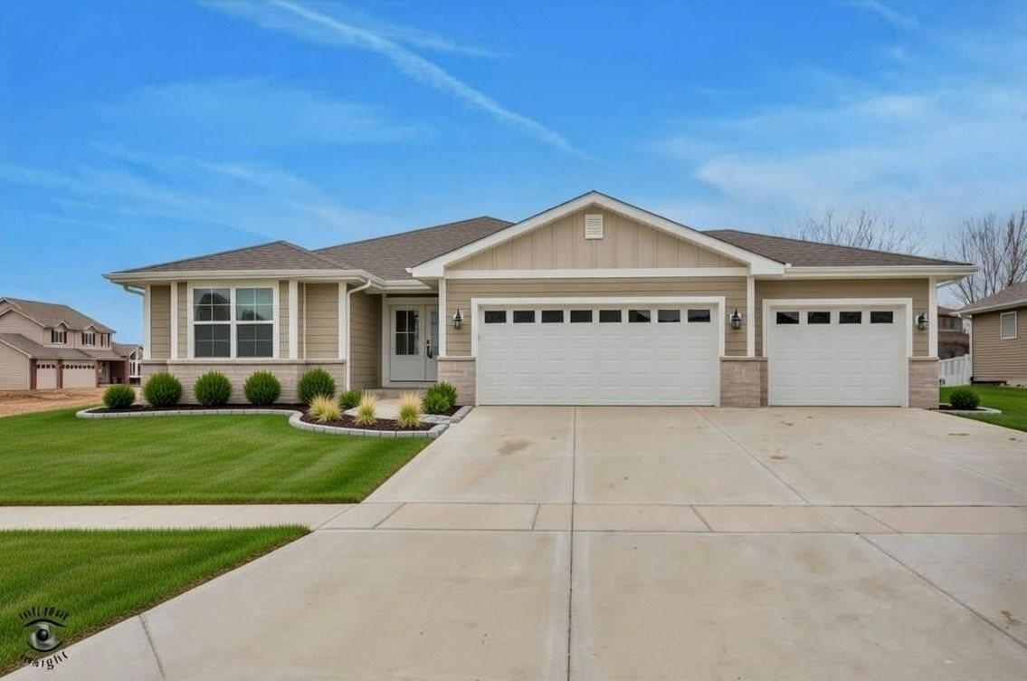 A white and black house with a black garage door.