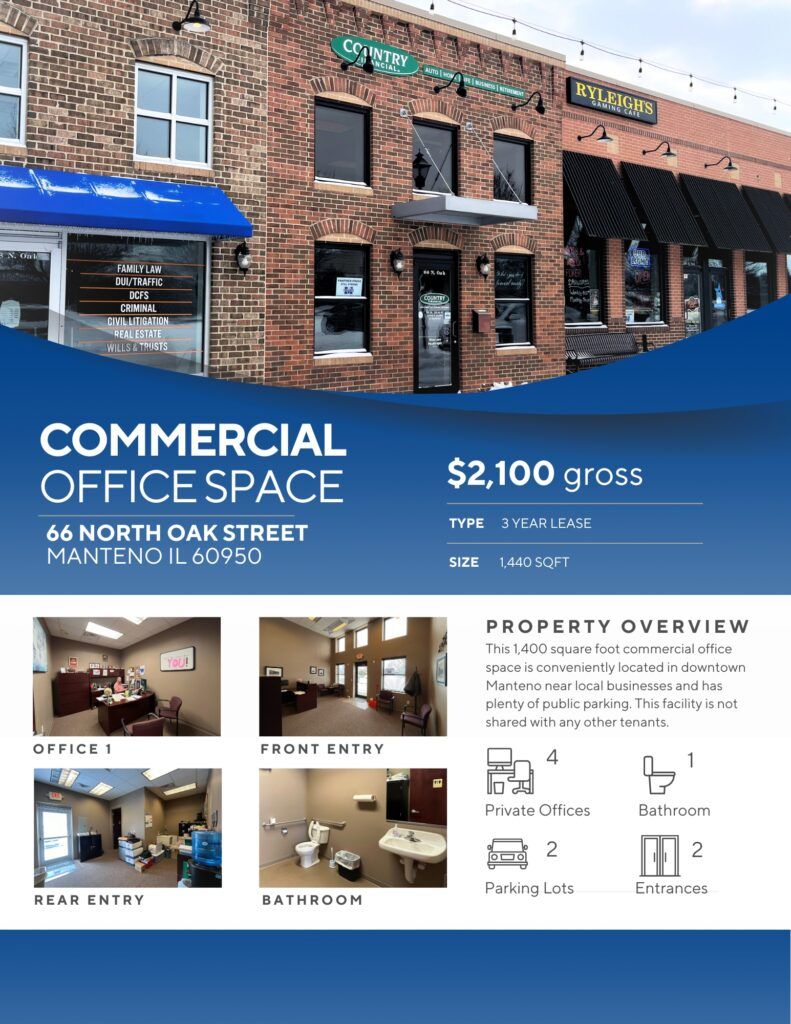 A flyer for a commercial office space with a brick building and a blue awning.