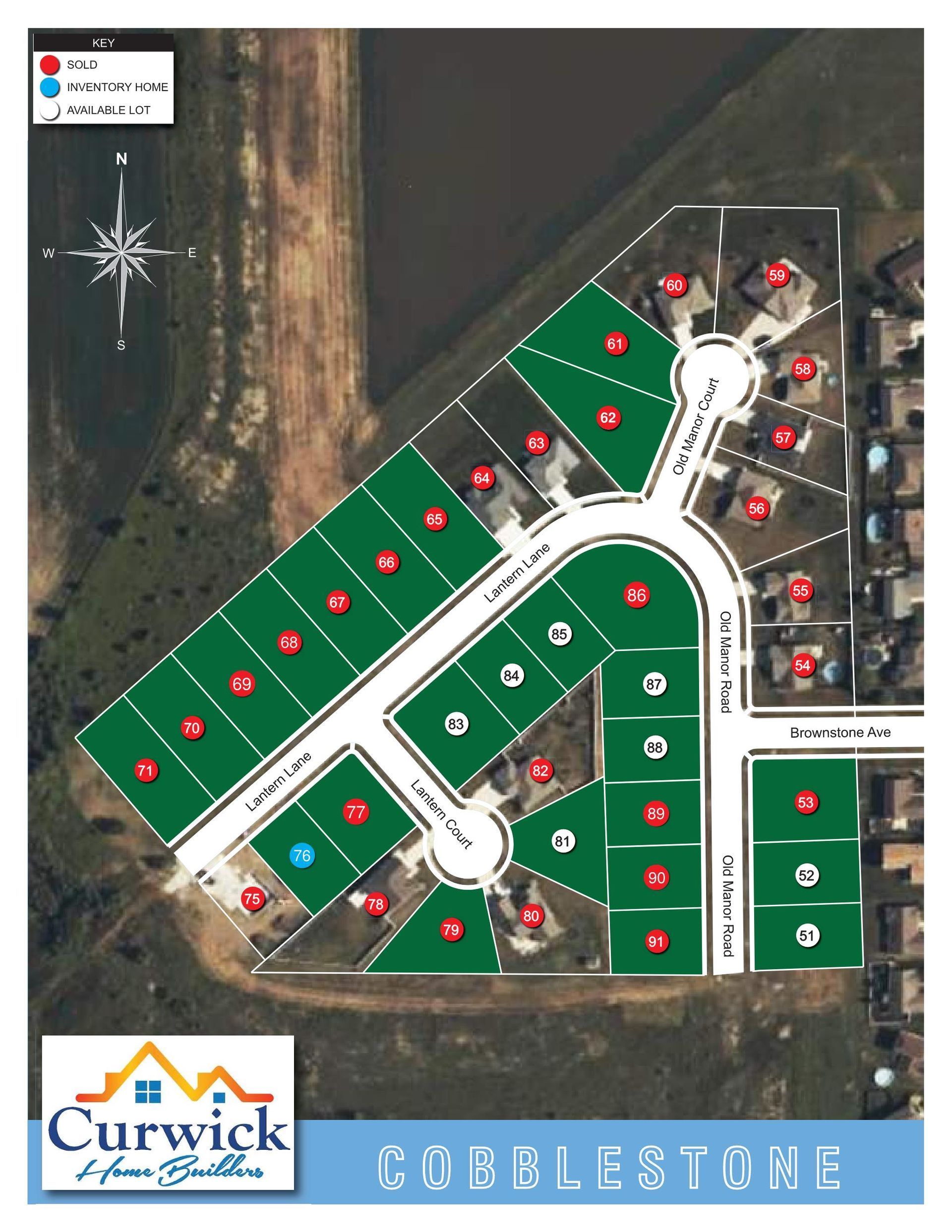 An aerial view of the curwick cobblestone development.