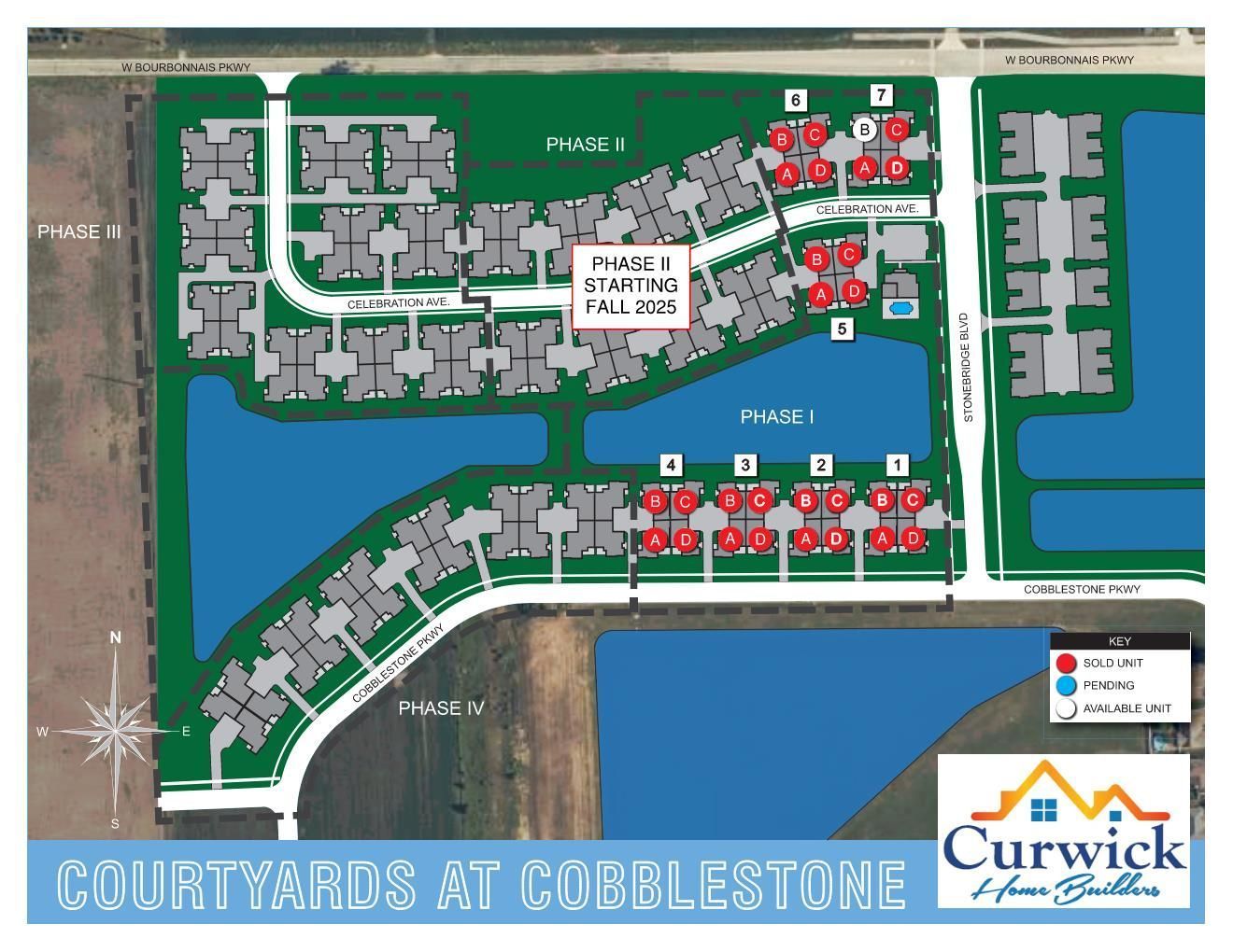 An aerial view of courtyards at cobblestone.