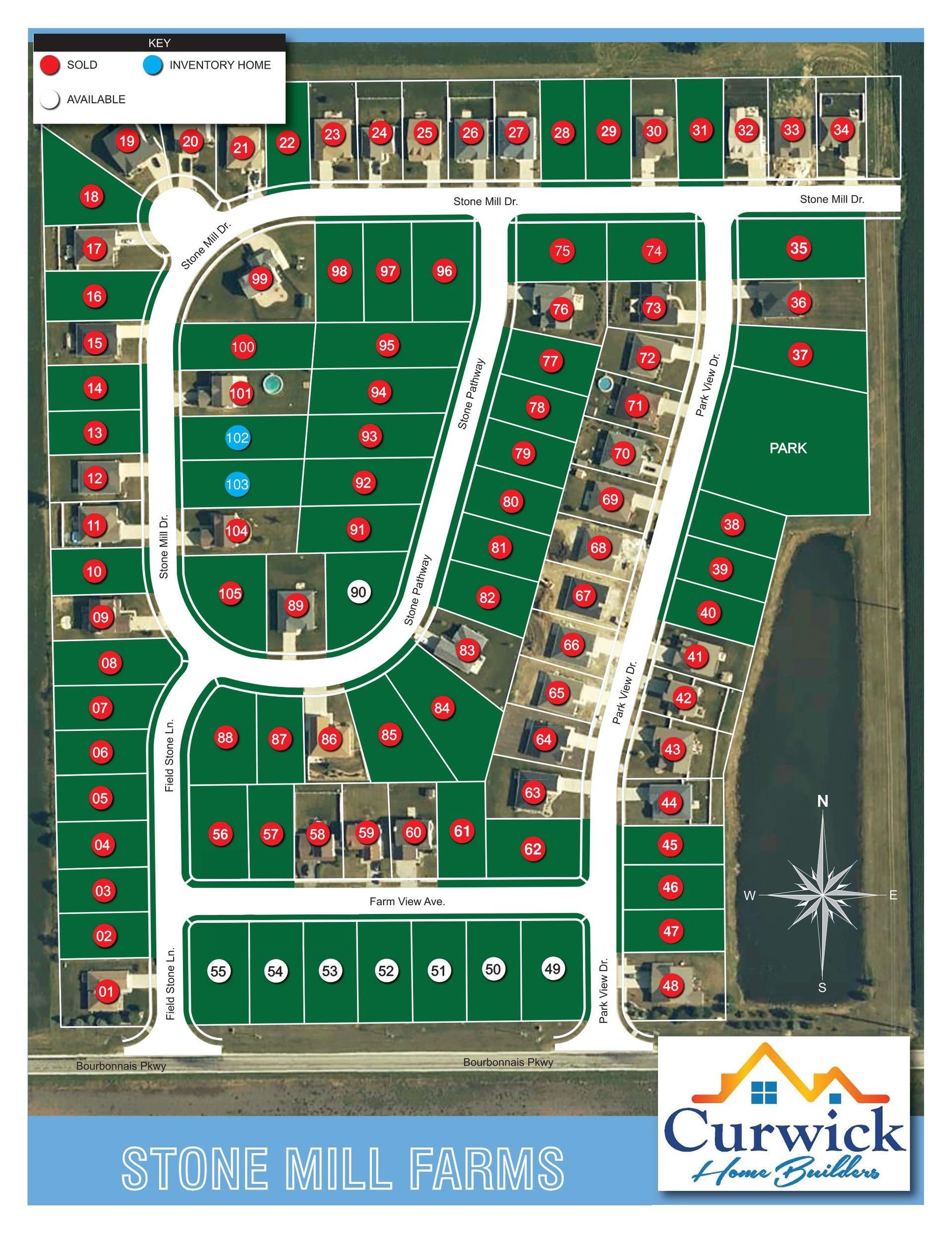 An aerial view of the stone mill farms development.