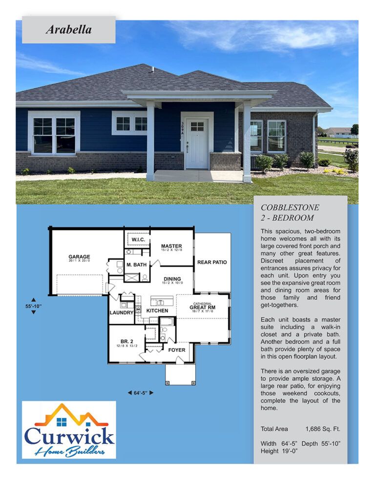 A blue house with a white door and a floor plan.