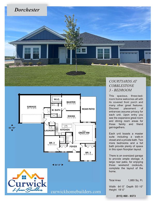 A blue house with a tree in front of it and a floor plan.