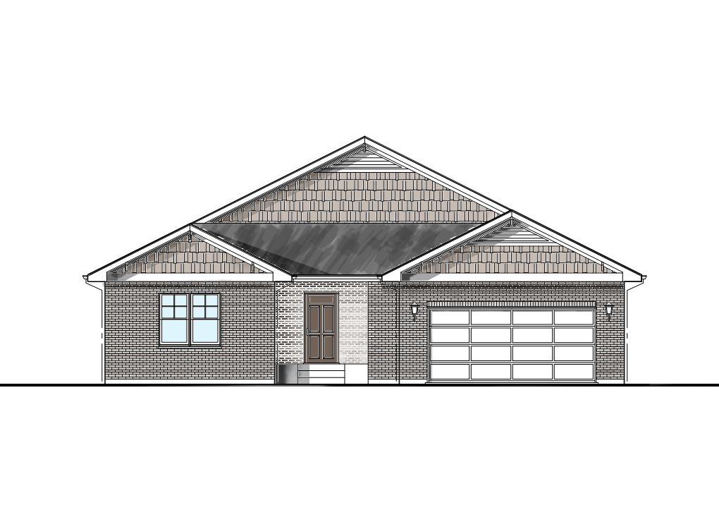 A drawing of a house with a garage and a roof on a white background.