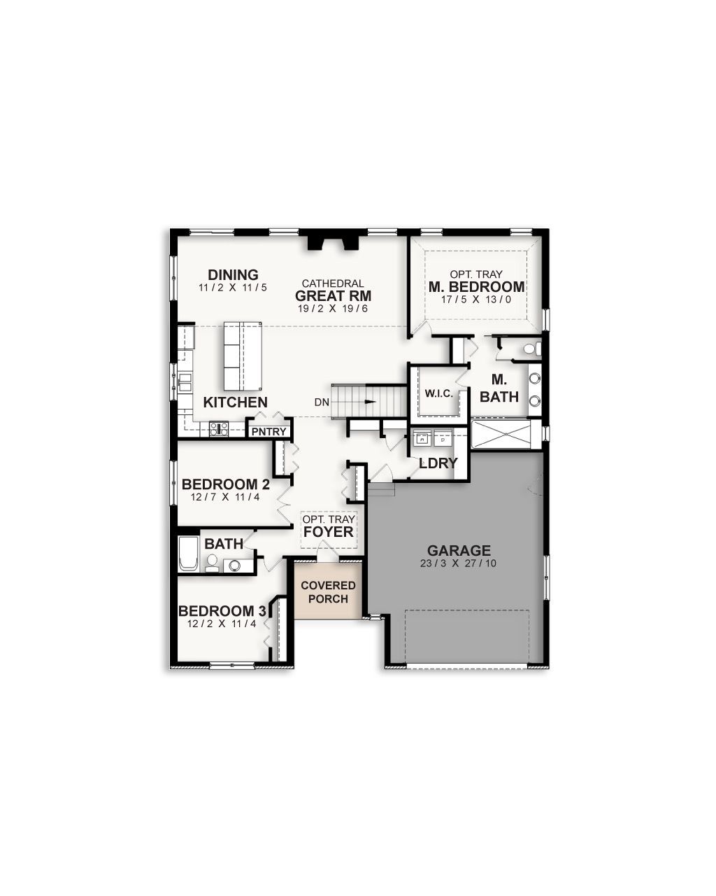 A floor plan of a house with three bedrooms and a garage.