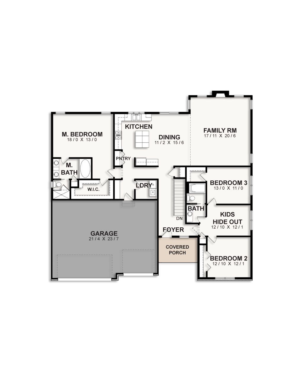 A floor plan of a house with a garage and a kitchen.
