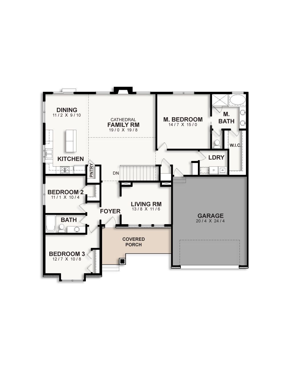 A black and white floor plan of a house with a garage.