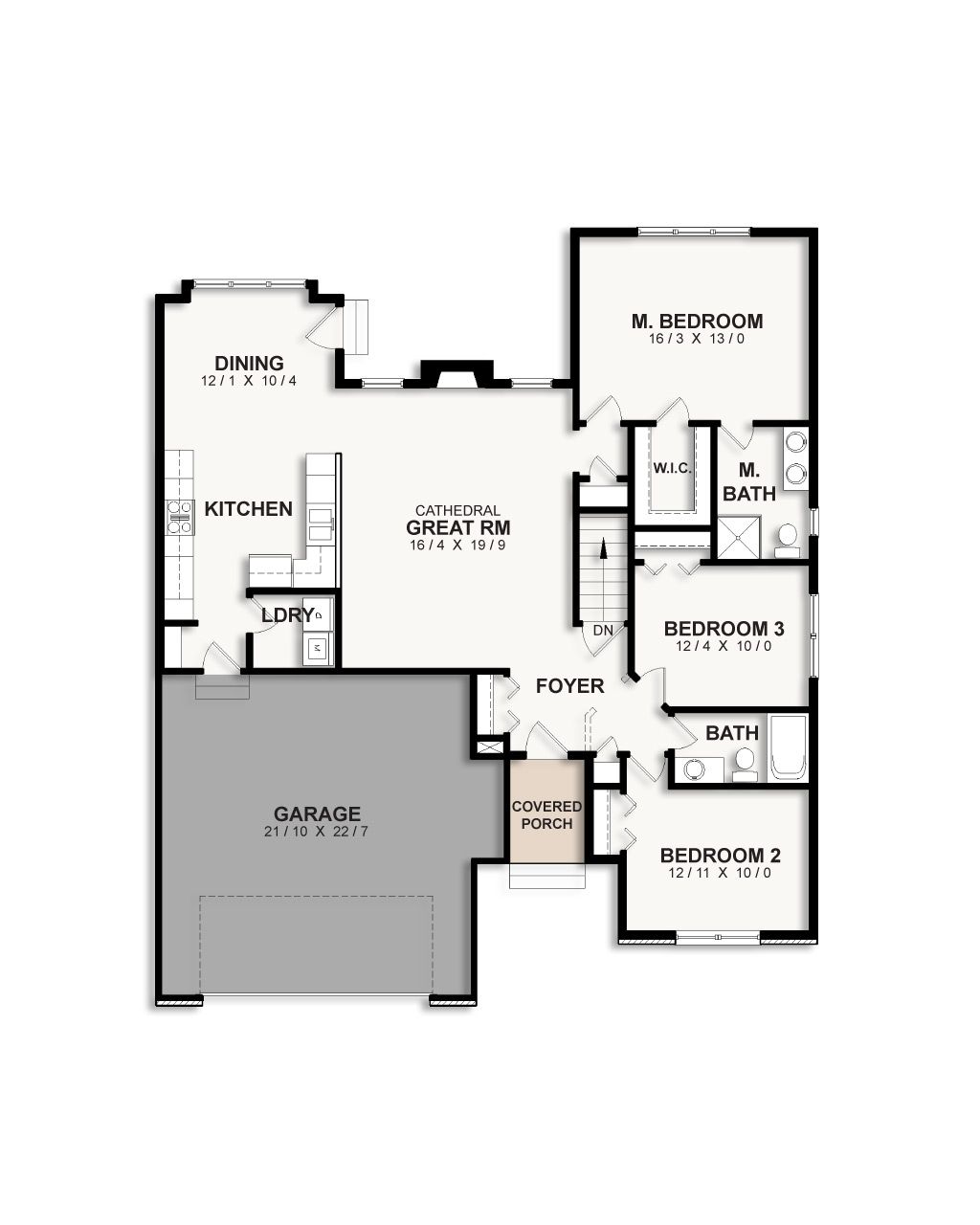A floor plan of a house with three bedrooms and a garage.