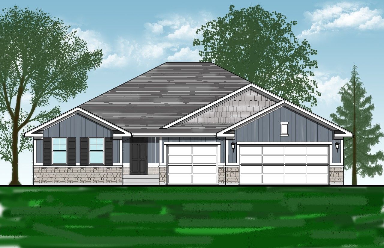 A drawing of a house with a garage and trees in the background.