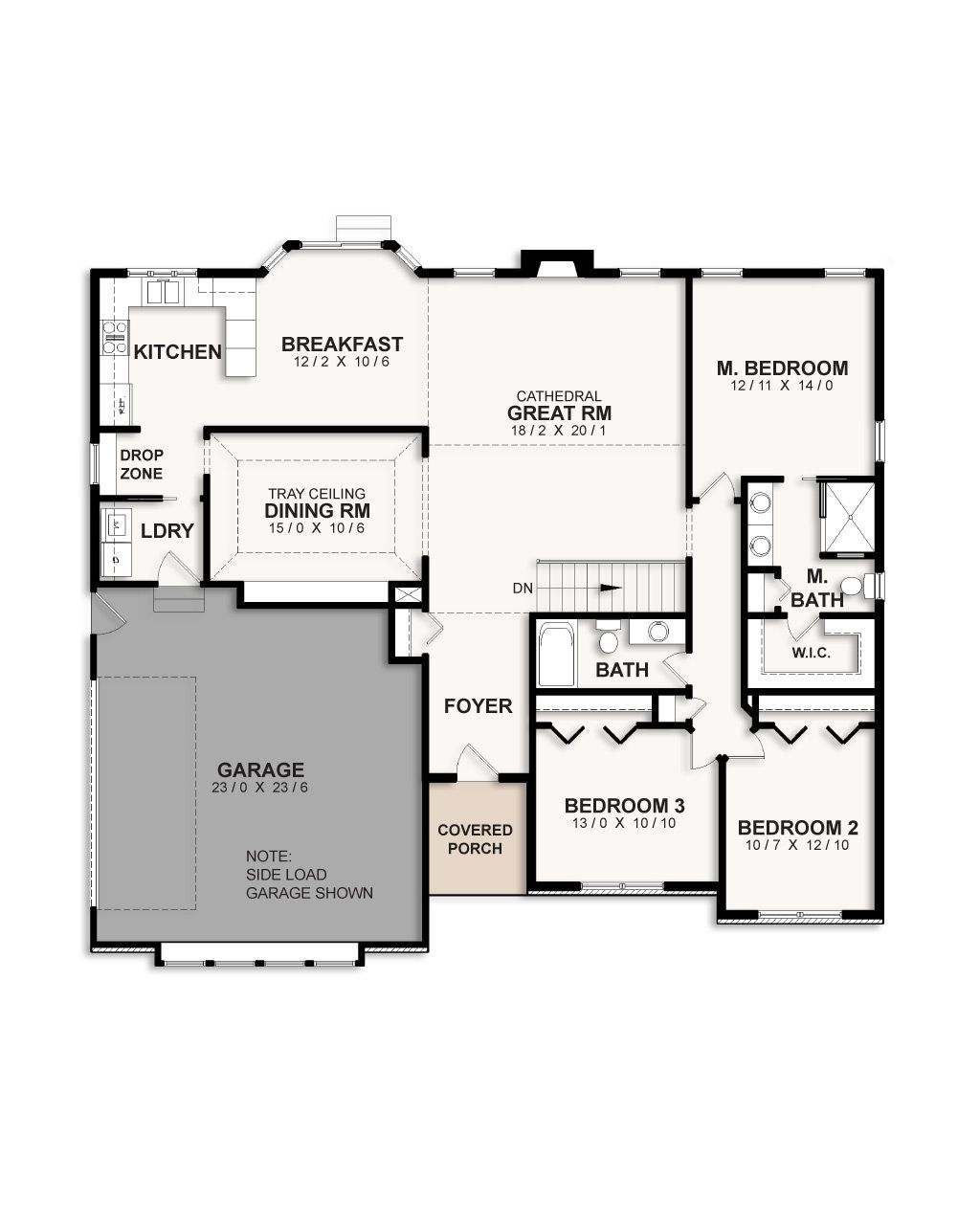 A floor plan of a house with three bedrooms and a garage.