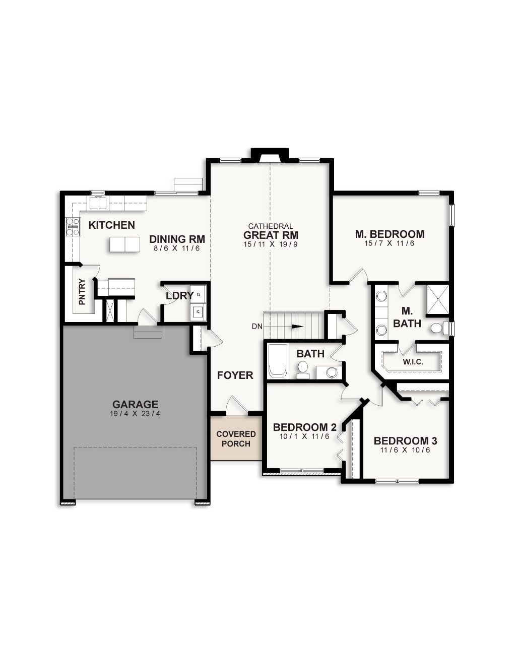 A black and white floor plan of a house with a garage.