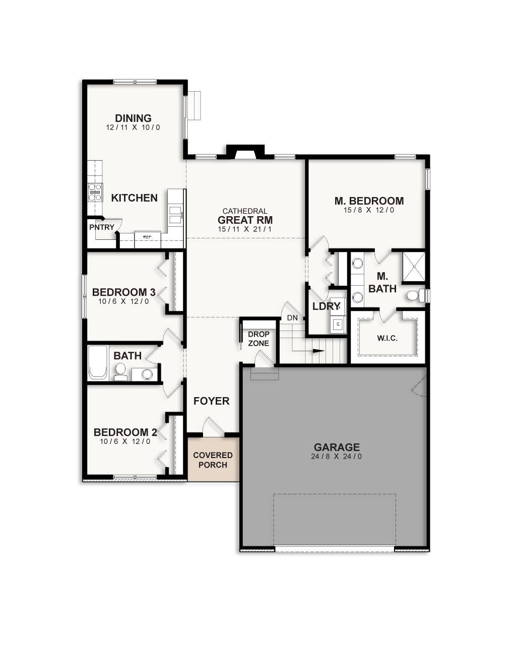 A black and white floor plan of a house with a garage.