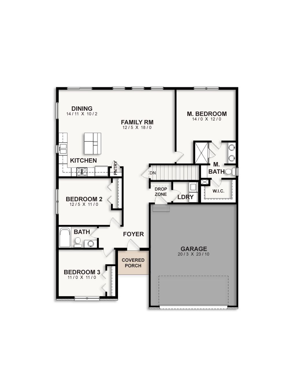 A floor plan of a house with three bedrooms and a garage.