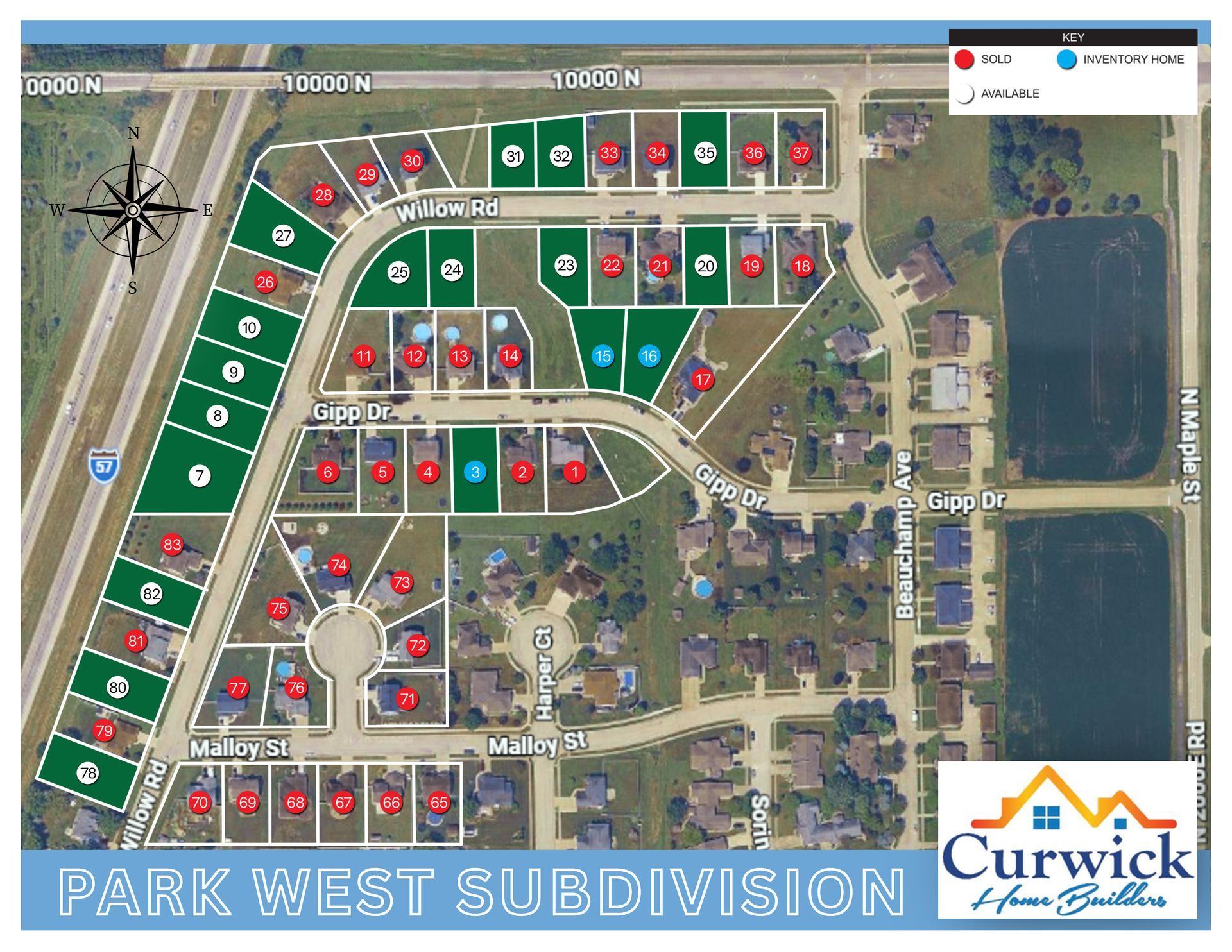 Subdivision site plan map with lot layouts, streets, green spaces, and nearby ponds labeled Park West Subdivision
