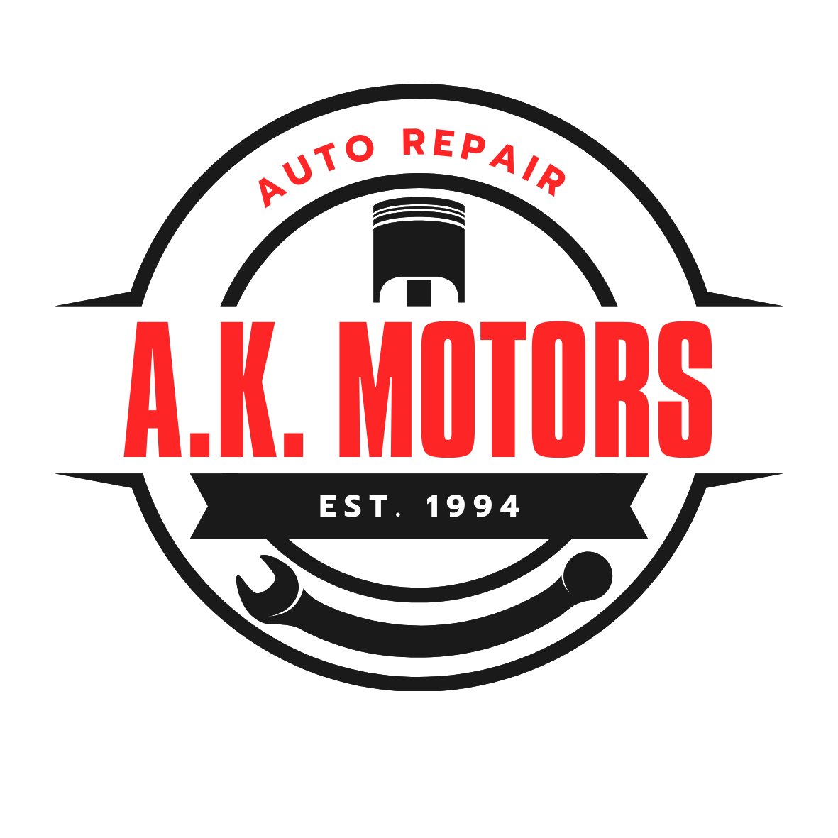 Logo for AK Motors, featuring a red emblem with a stylized "AK" and the text "AK MOTORS" in red.