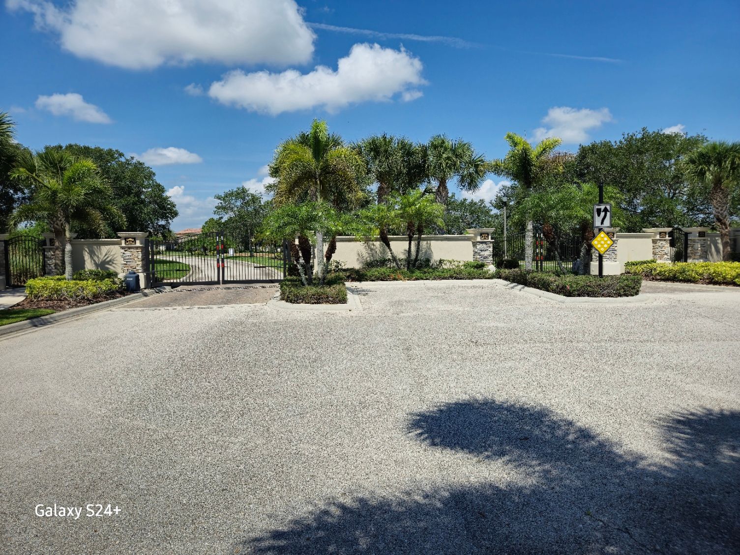 A gravel driveway leading to a gated community with palm trees.