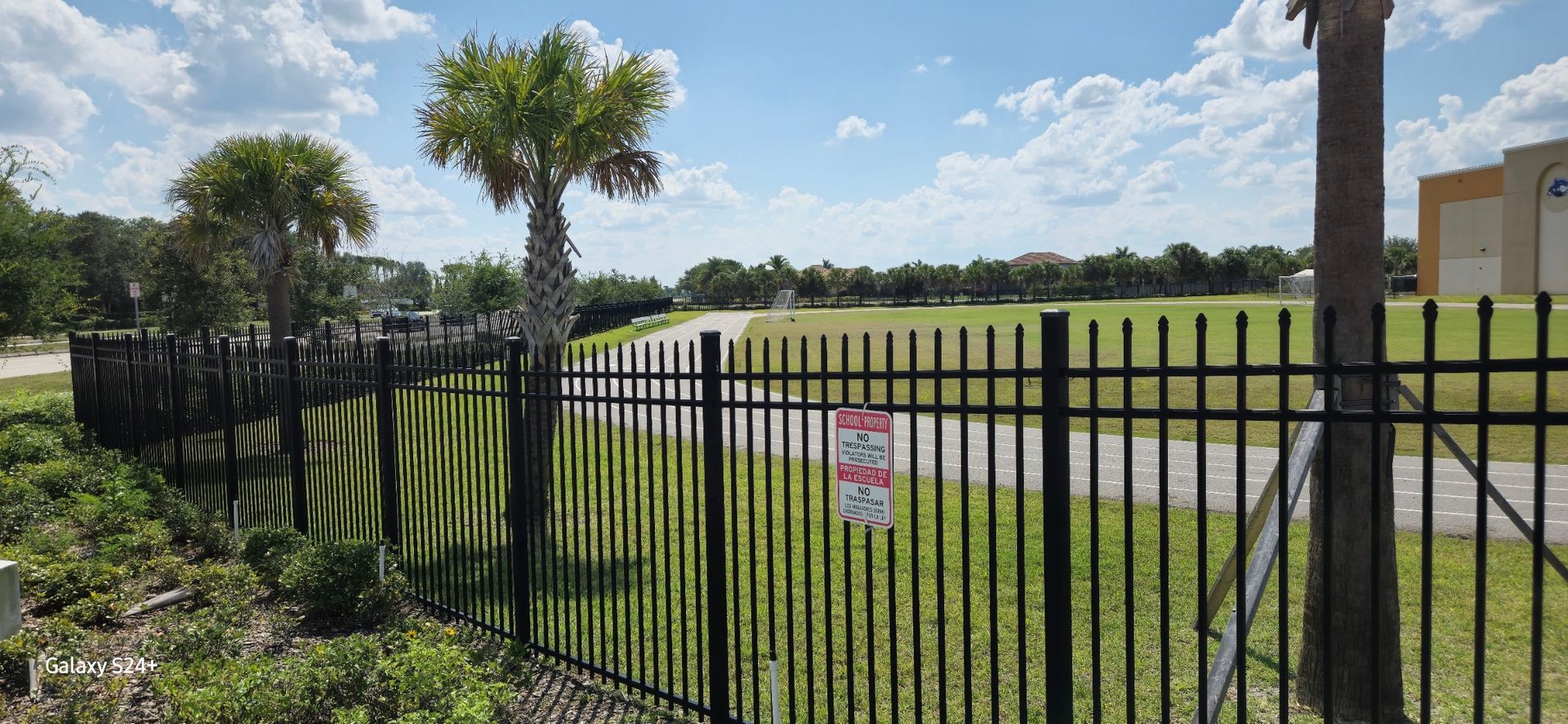 A black metal fence surrounds a grassy field with palm trees.