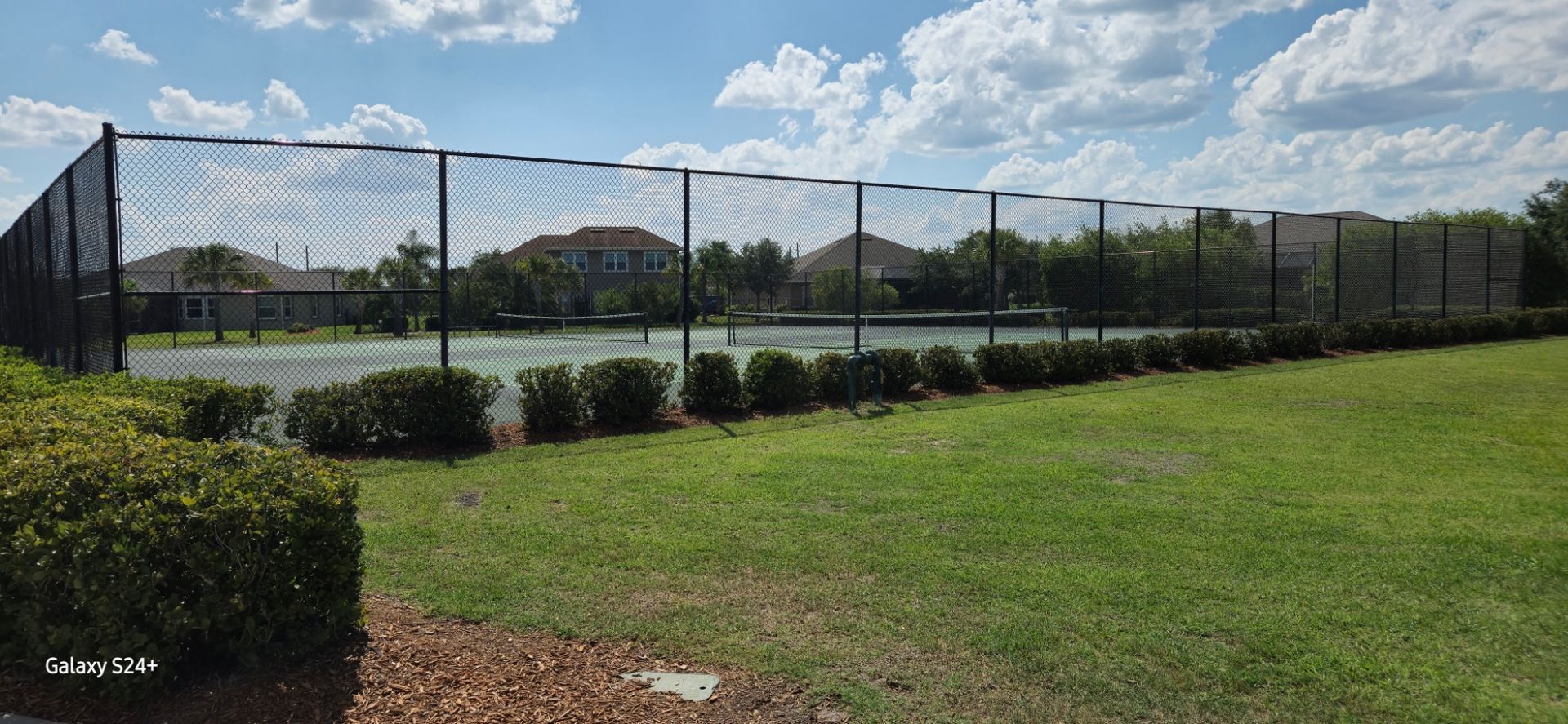 A tennis court behind a fence in a park on a sunny day.