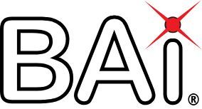 A black and white logo for bai with a red star.
