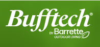 The logo for bufftech by barrette outdoor living is green and white.