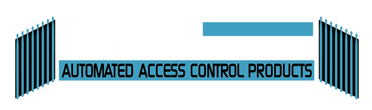 A blue and white logo for automated access control products