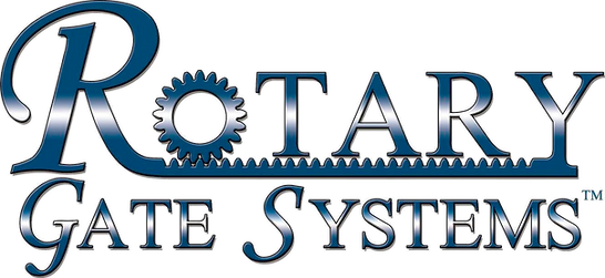 A logo for rotary gate systems with a gear in the middle