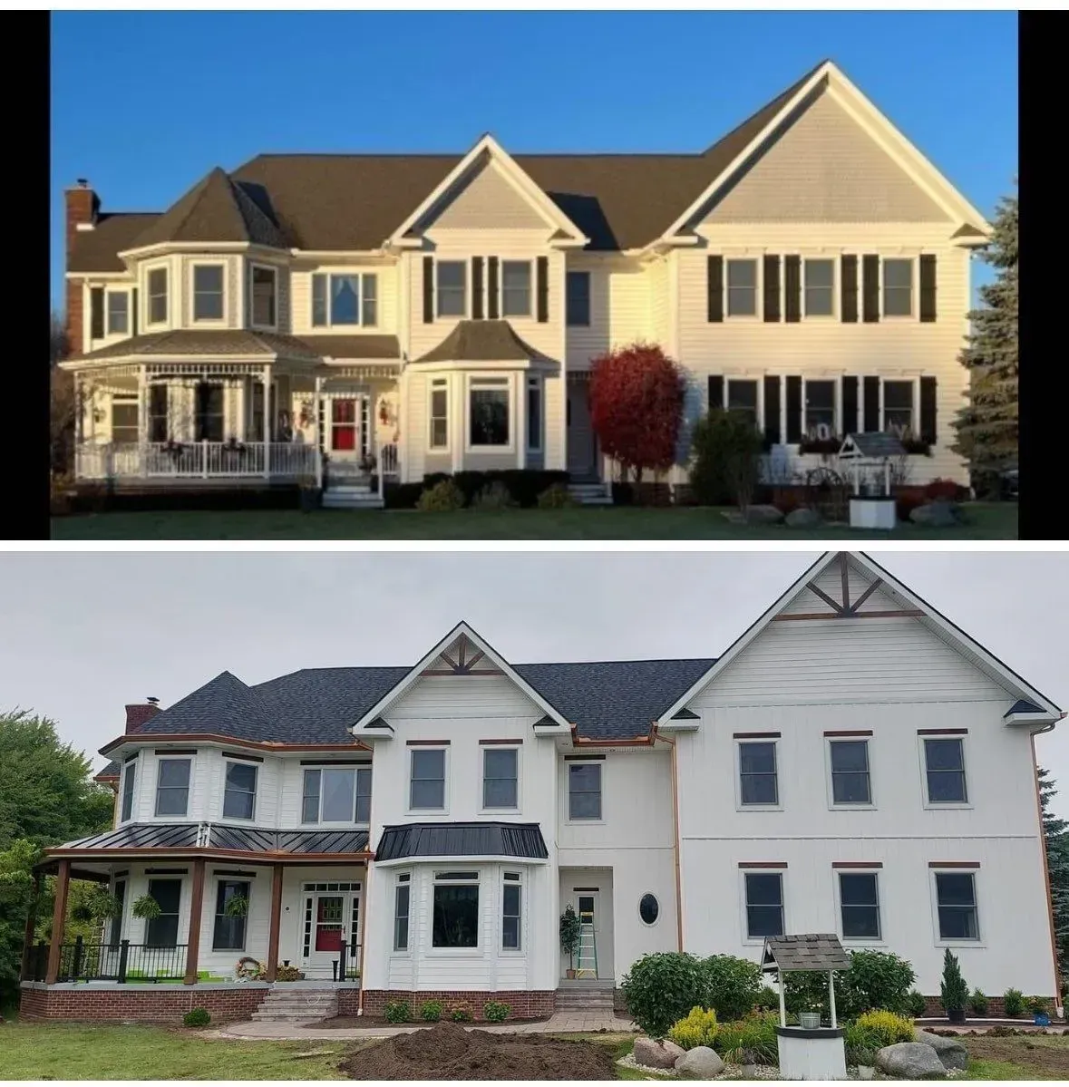 Two side-by-side photos of a beige suburban house with white trim and a gray roof in daytime.